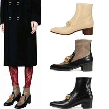 

Siddons Gold Chain Design Shoes Luxury Brand Black Leather Women Ankle Boots Round Toe Side Zippers Chunky High Heel Botas Mujer