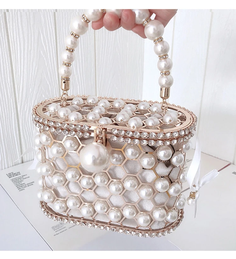 Luxy Moon Pearl Metal Case Drawstring Velvet Basket Clutch Bag Apricot Color Front View