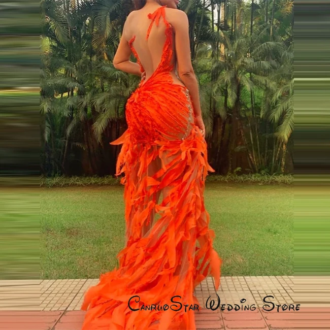 Sexy Cut-out Orange Prom Dresses Illusion Irregular Jewel Neck Sleeveless Pageant Event Party Gowns Long Evening Dress