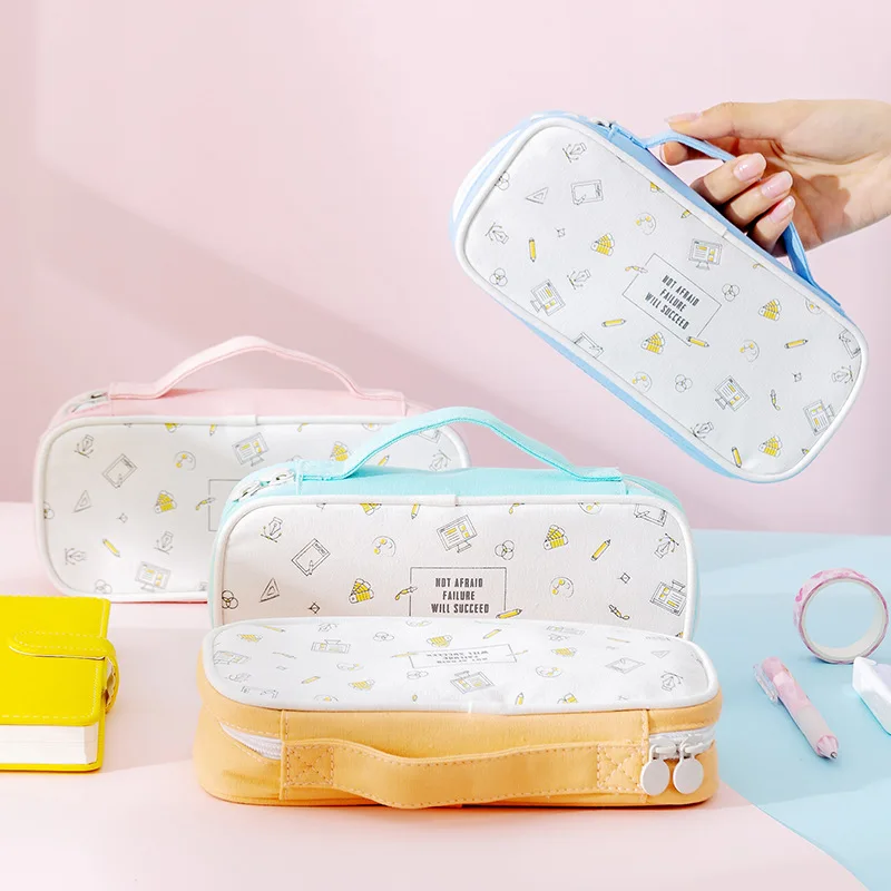 

Stationery Canvas Pencil Case Double Layer Large Capacity Pencil Box Cute Pencilcase For Kids Boys Pen Box School Supplies