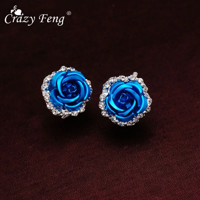 Trendy Metal 3D Rose Flower Petals Stud Earrings Silver Color Zircon Ear Studs Blue Red Purple Colors Women Party Jewelry Gift | Украшения