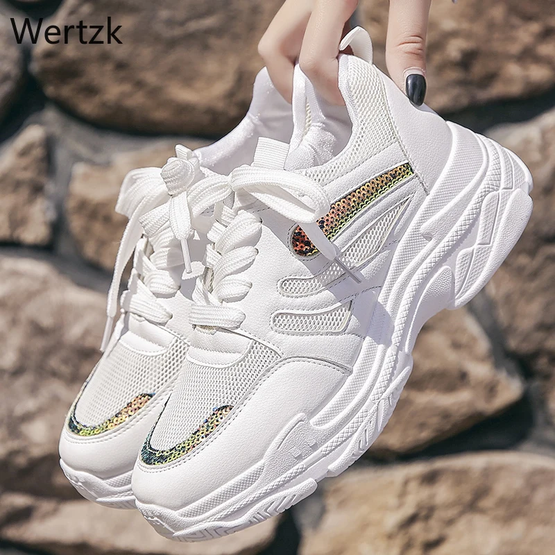 

2019 Mesh Breathable Sneakers Women Autumn Fashion Mixed Colors Lace-Up Platform Casual Women's Vulcanized Shoes A678
