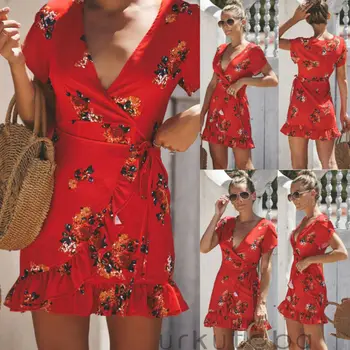 

2019 Women Floral Print Knot Front Deep V Neck Short Dress Mini Dress Party Casual Dress