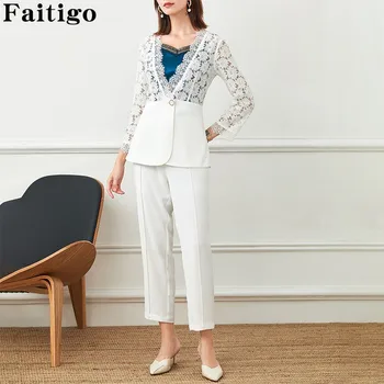 

Blazer And Pants Set For Women Autumn Fashion Sexy Lace Tops Coat Office Wear Ladies Suit Elegant Two Piece Female Suits