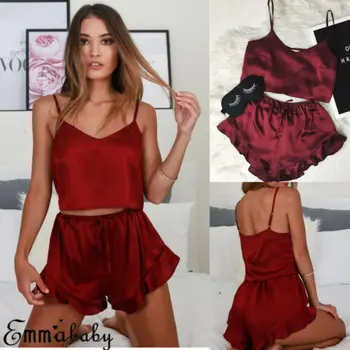 

Women's Satin Silk Pajama Sets Underwear Sexy Lingerie Camis Cropped Top Shorts Babydoll Sleepwear Pajama Set