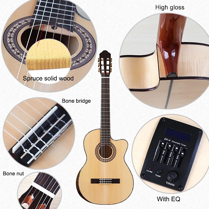 Classical Guitar 39 Inch Flame Maple Cutway with Radian Corner Spruce Solid Wood Top with EQ