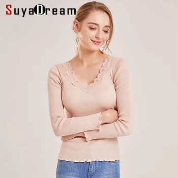 

SuyaDream Ribs Back V neck Pullovers 30%Silk 70%Cottom Slim Fit Women Lace Bottoming Sweaters 2019 Autumn Winter Knitwear