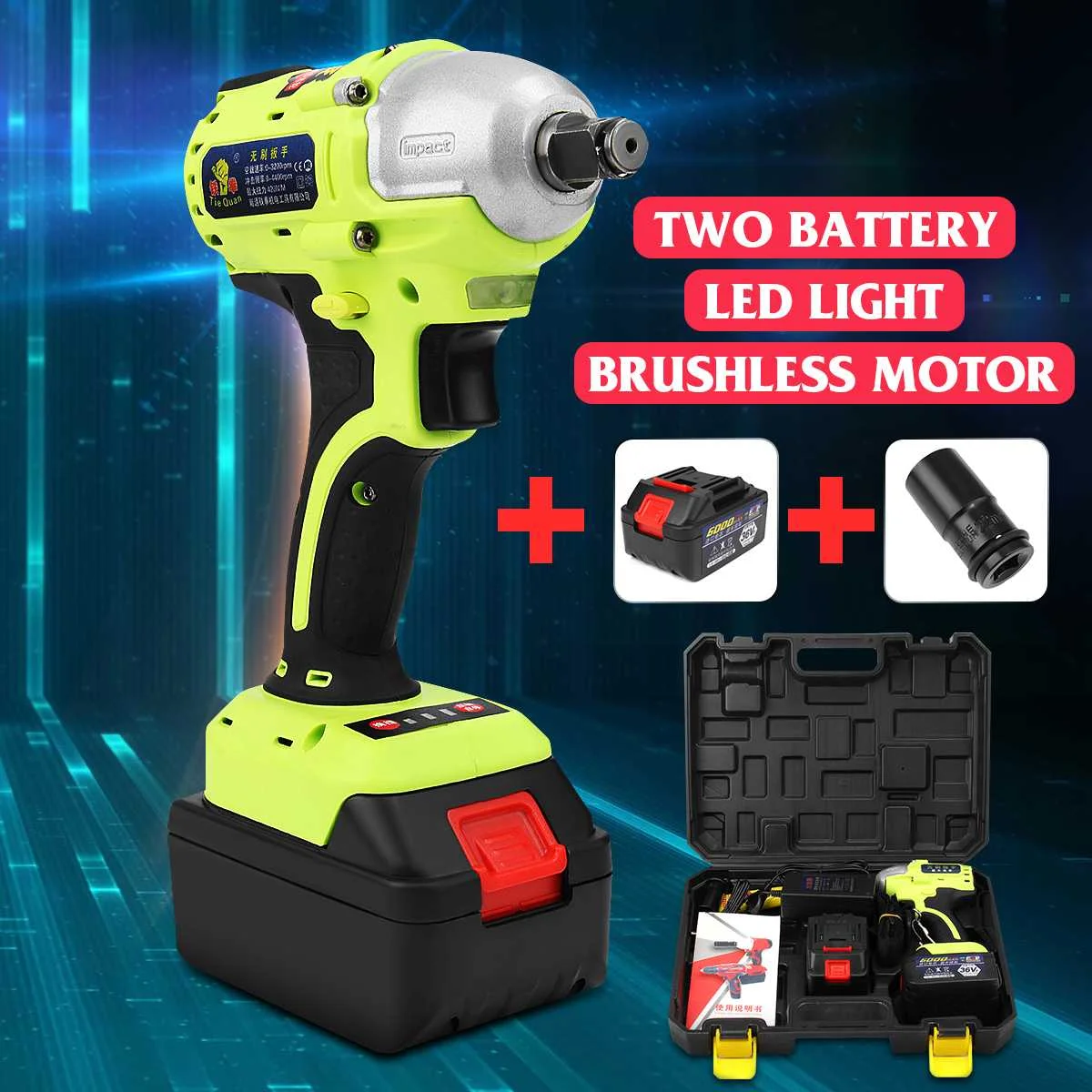 

36V Lithium-Ion Battery Brushless Cordless 1/2" Impact Wrench Power Tool 6000mAh 320N.m EU Plug with 2 Rechargeable Battery