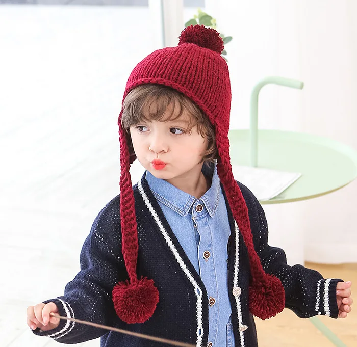 Шапка-ушанка для детей 2-5 лет, зимняя вязаная шапка с помпонами, одноцветная теплая шапка унисекс