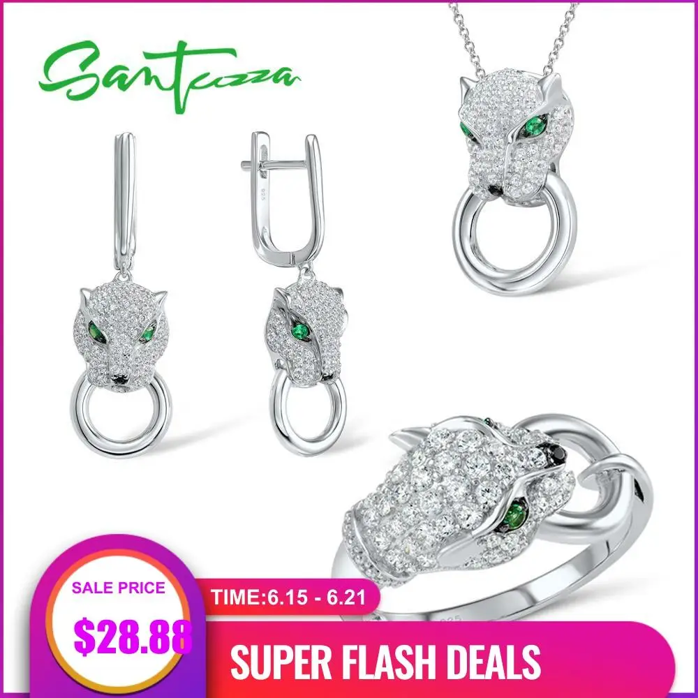 SANTUZZA Серебряный набор украшений для женщин чистое серебро 925 пробы Трендовое кольцо с пантерой серьги кулон набор Белый CZ модные ювелирные изделия|earring pendant set|jewelry sets for womenpendant set | АлиЭкспресс