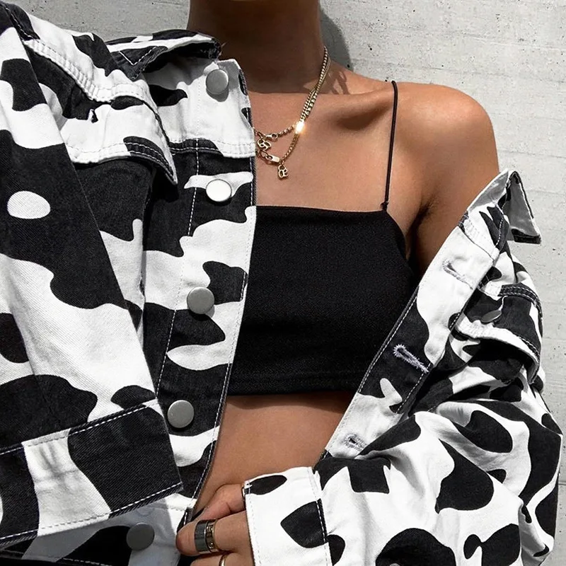 

YYXZ Autumn Jackets Fashion Loose Print Dairy Cow Pockets Long Sleeve Lapel SML Woman Casual Short Jacket Crop Top Streetwear