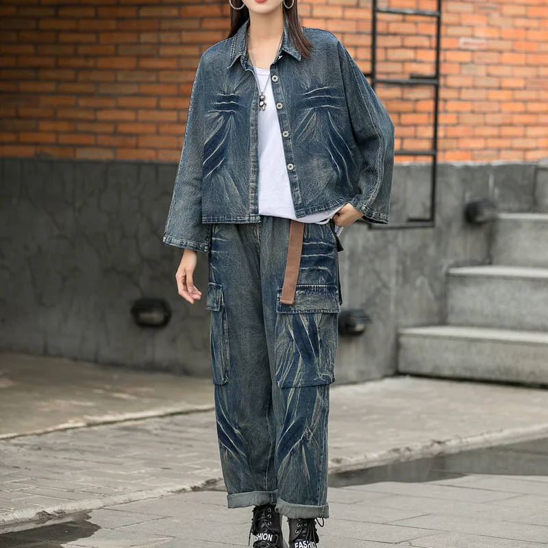 Giacca di jeans lavata alla moda e pantaloni a gamba larga Set di due pezzi  da donna 2022 primavera nuovi abiti larghi stile estero completi top|Pant  Suits| - AliExpress