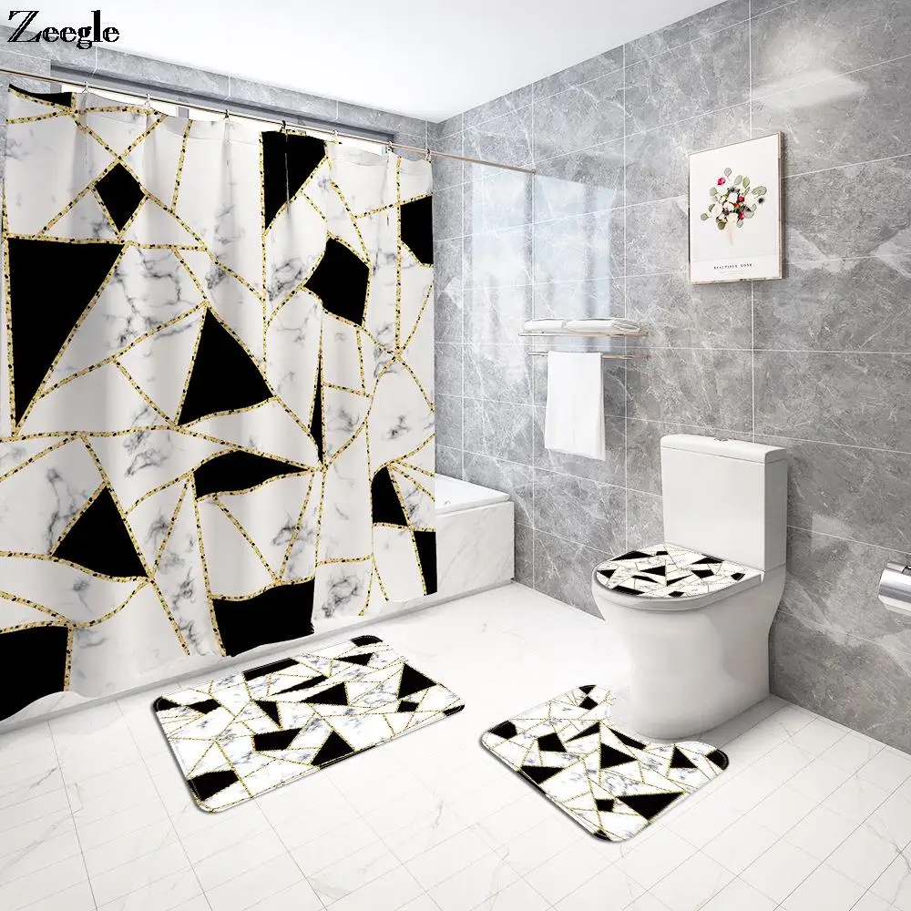 Zeegle Marble Bath Mat with Shower Curtain Set Printed Polyester Bathroom Curtain Toilet U-Shaped Foot Mats Bathroom Rug Set