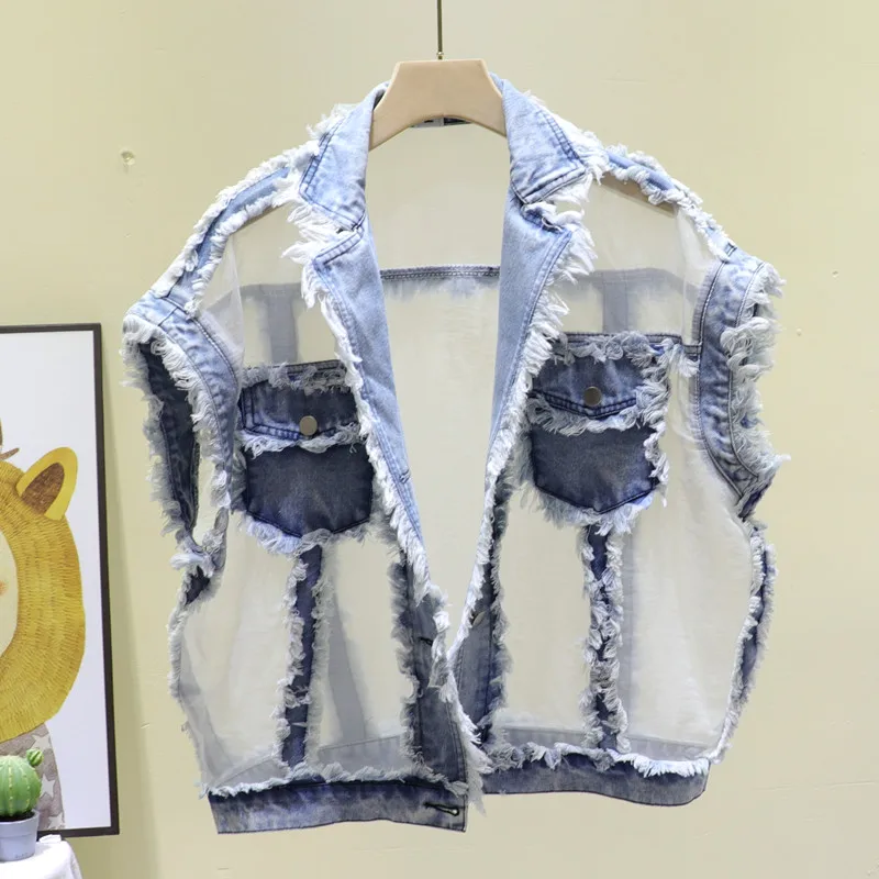 

Chalecos mujer Summer 2020 Women Mesh Splice Burr tassels Thin Vest Gilet femme Plus size Casual Short Female Sleeveless jacket