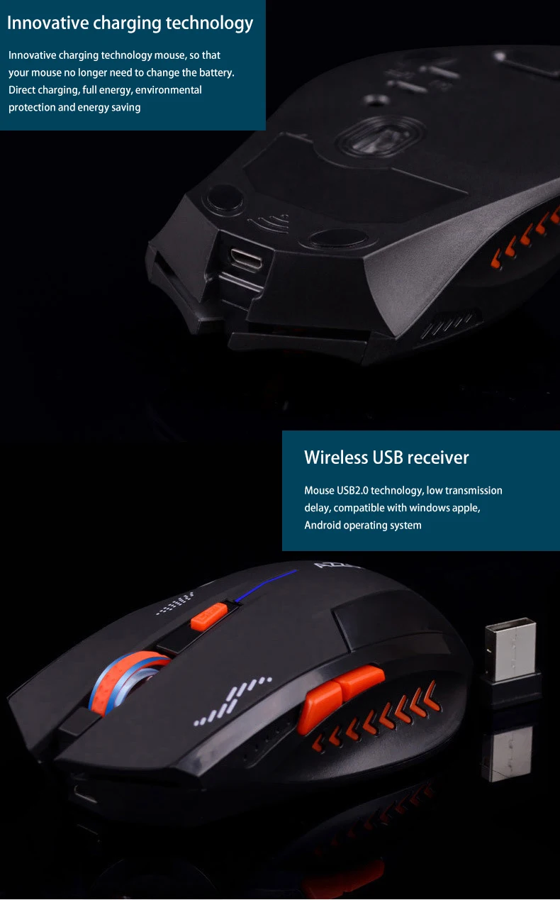 Беспроводная игровая мышь 2,4 ГГц, USB 2400 dpi, эргономичный дизайн, 6 кнопок, черная Бесшумная мышь для ПК и ноутбука