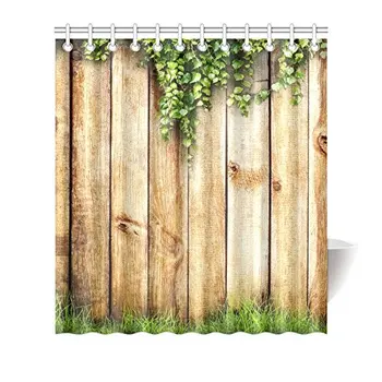 

Elegant Spring Green Grass & Leaf Plant Over Wood Fence Home Decor Waterproof Polyester Fabric Shower Curtain Bathroom Sets with