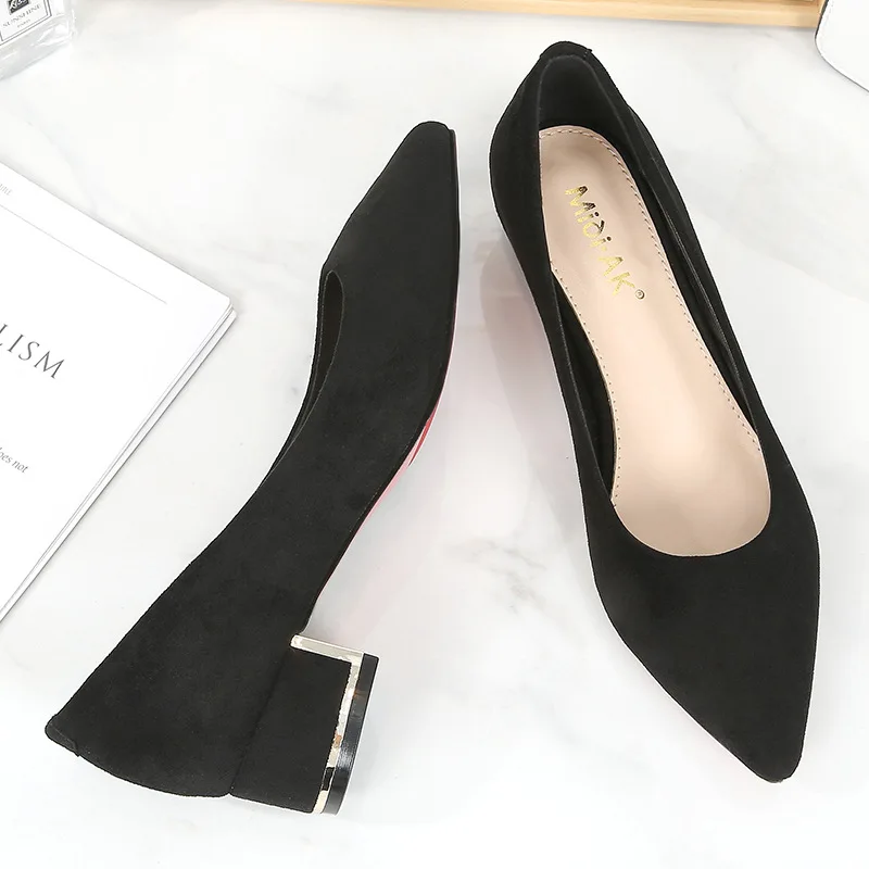 Big Size 34-43 Women Suede Leather Shoes 3.5CM High Heels Ladies Dress Work Shoes Slip On Pumps Woman Square Heels Wedding Shoes