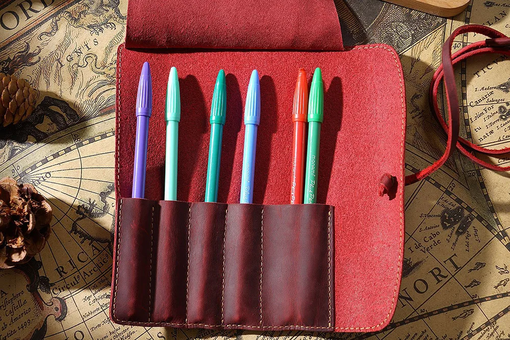 Школьный чехол для карандашей из натуральной кожи, чехол для карандашей в рулоне для девочек и мальчиков, сумка для ручек, круглая коробка для картриджей, набор канцелярских принадлежностей из коровьей кожи
