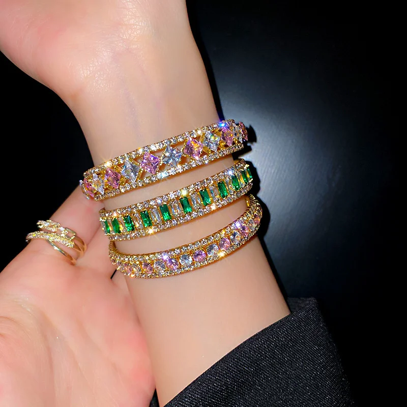 Geometric Zircon Bracelet & Bangles For Women Pink Green Crystal Cuff Bracelets Weddings Party Jewelry