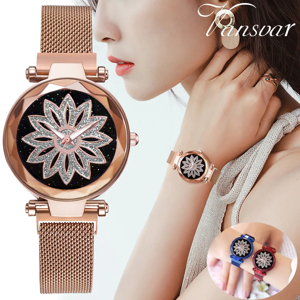 

Fashion Women Good Luck Rose Gold Flower Wrist Watches Starry Sky Quartz Magnetic Buckle Stainless Steel Belt Ladies Watch reloj