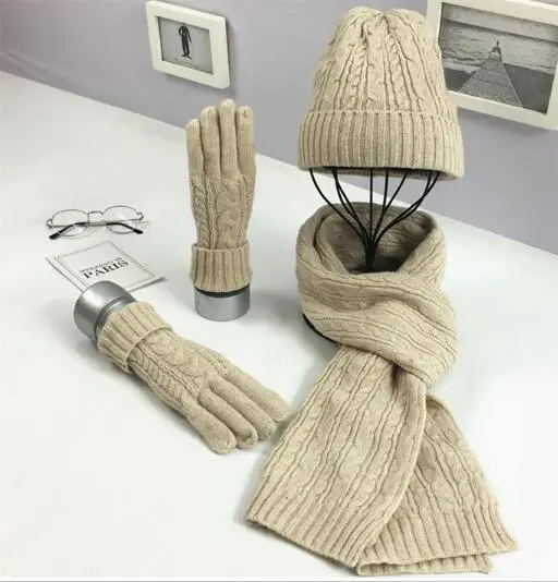 beige Новинка, женская зимняя вязаная шапка, шарф, перчатки, набор, модная шапка в полоску, женская шапка, шапка, плотный шерстяной Женский вязаный шарф - Цвет: beige