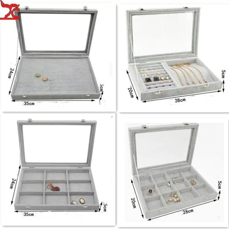 Velvet Jewelry Displaying Trays Jade Brooch Breastpin Earring Ring Organizer Holder Drawer with Glass Lid Window Showcase Gifts
