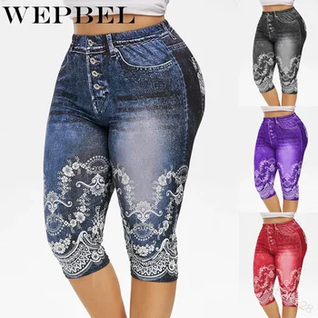 

WEPBEL 2020 New Women's Fashion Plus Size 3D Floral Print Capri Jeggings Denim Leggings Pants