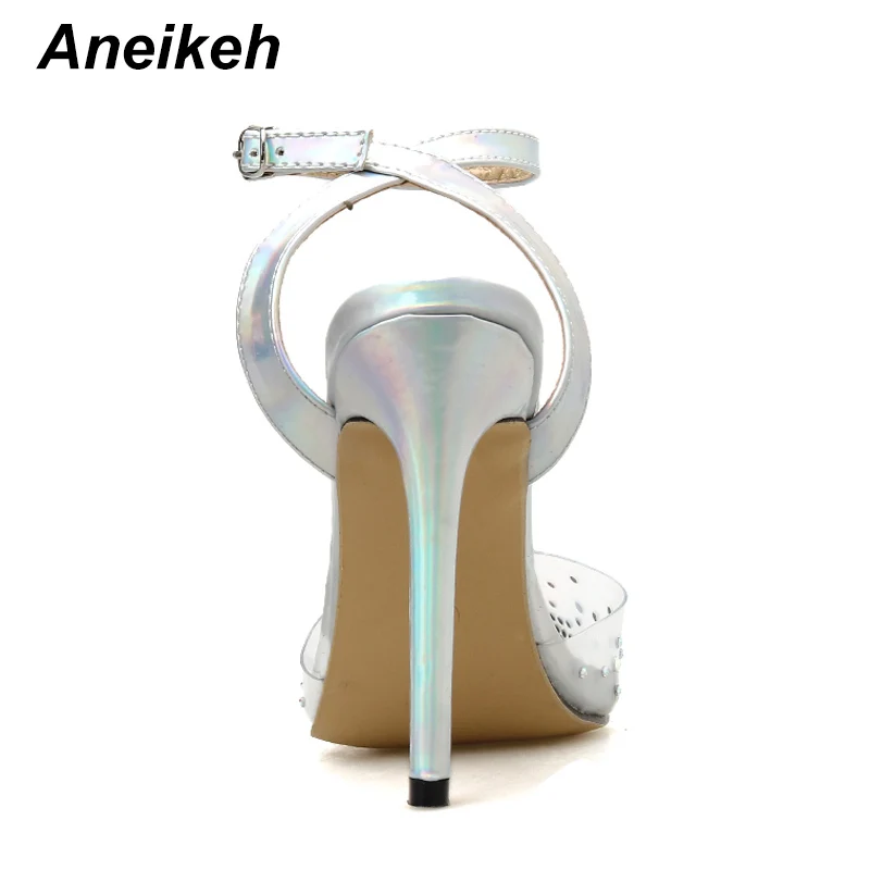 Aneikeh стразы; женские Босоножки на каблуке из ПВХ; Туфли-гладиаторы с ремешком на щиколотке; модные летние женские туфли на высоком тонком каблуке с острым носком