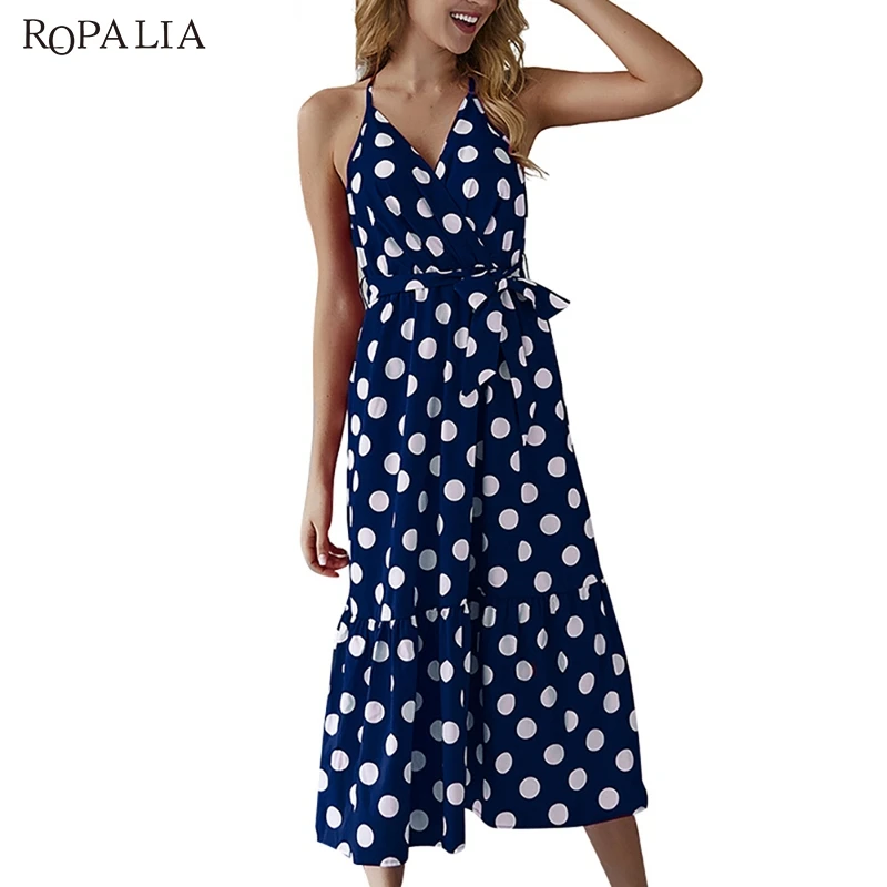 

Sling Dress Female Boho V-Neck Dot Print High Waist Summer Suitable Vacation Daily Wear Dresses