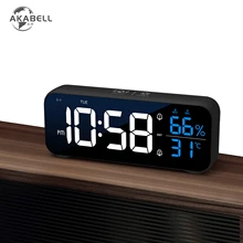 AKABELL 5th Gen Mirror Alarm Clock LED Music Wall Digital Clock Time Temperature Humidity Display USB Rechargeable Table Clock
