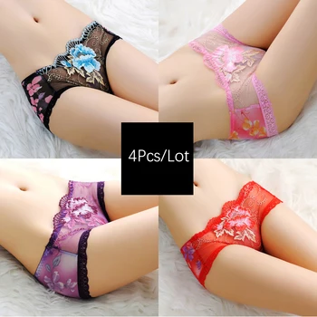 

4Pcs/lot Women Sexy Lace Lingerie Mid-waist Panties Embroidery Tempting Briefs Transparent Seamless Underwear Female Underpants