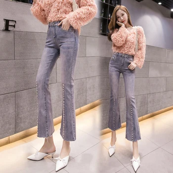 

Beading Flare Jeans Fashion Pocket Elastic Slim Denim Pants 2019 New Women Female Casual Plus Size Trousers L4005