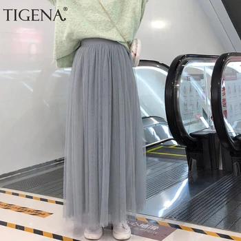 

TIGENA 98cm Maxi Tulle Skirt Women Fahion 2020 Spring Summer Ankle Length High Waist Pleated Long Mesh Skirt Female Pink Gray