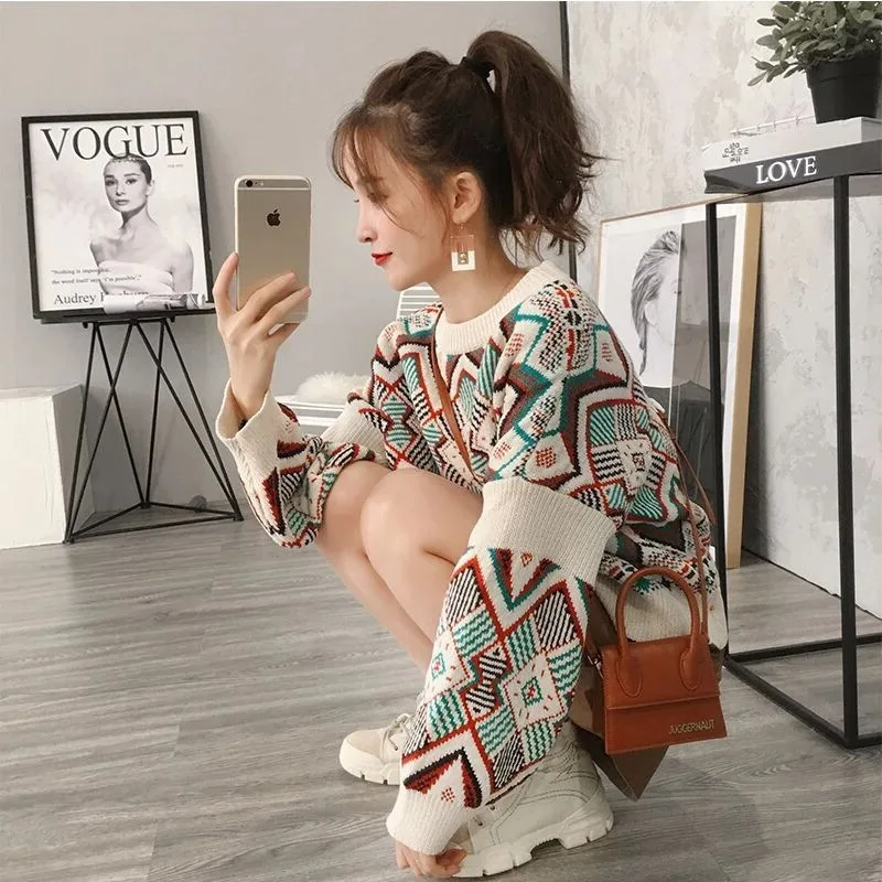 

Sweater Women's 2018 New Style Hipster Sweet Online Celebrity Laziness-Style INS Geometry Tops Fall And Winter Clothes Loose-Fit