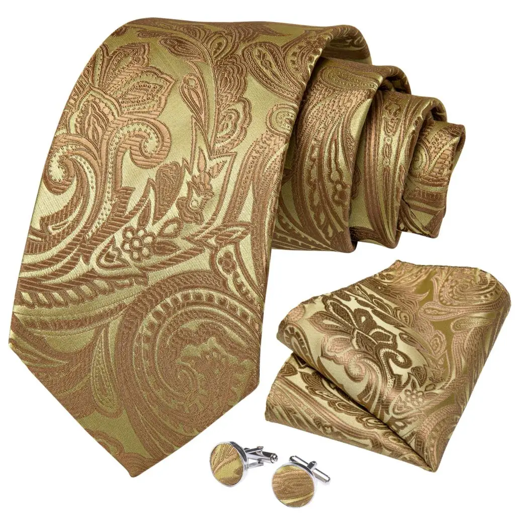 Мужской галстук золотой однотонный цветочный качественный Шелковый Свадебный галстук для мужчин Hanky запонки Бизнес подарок галстук набор