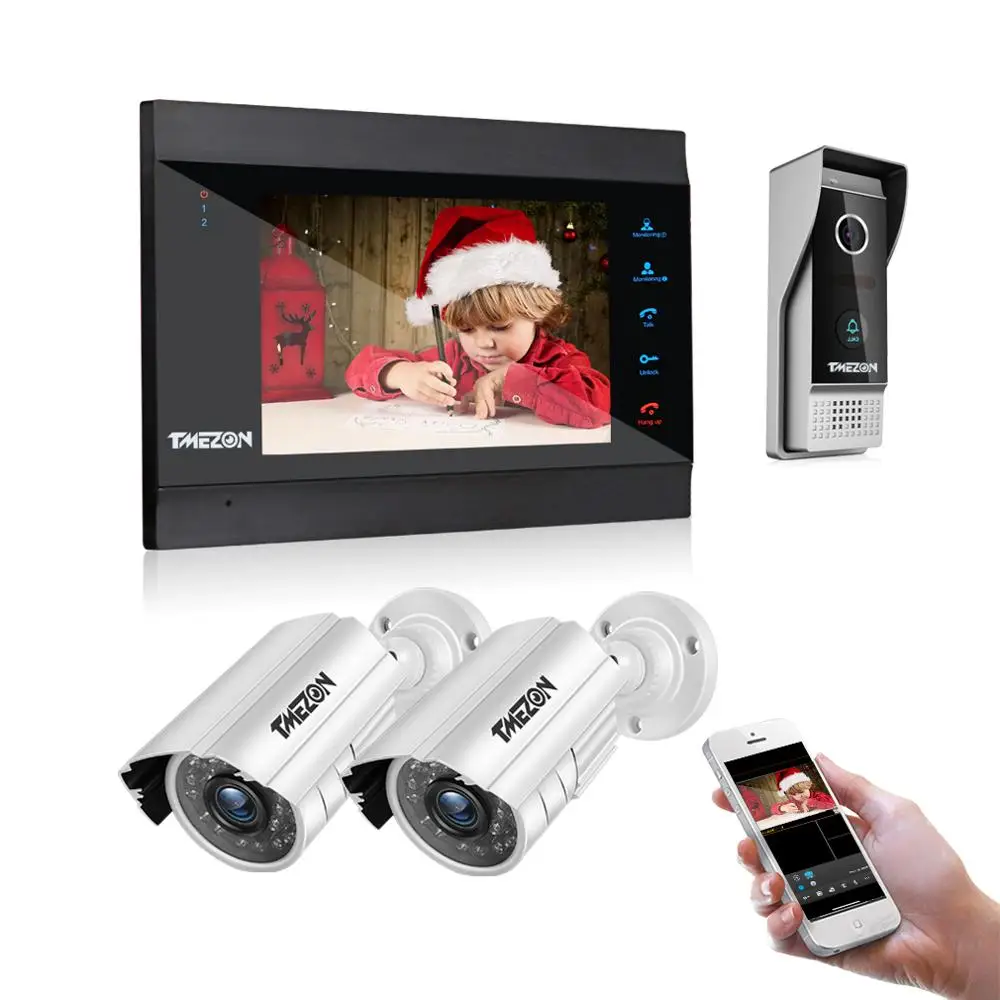 TMEZON 7 Inch Wireless WiFi Smart IP Video Door Phone Intercom System with 1200TVL Wired Doorbell +2x1200TVL Surveillance Camera