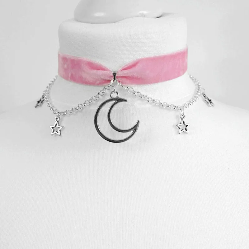 Black Velvet Crescent Moon Choker Wide Velvet Choker with Moon || Gothic Choker - Image 4