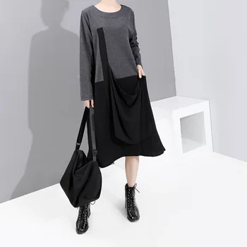 

2020 Women Spring Autumn New Fashion Contrast Color Temperament Dress Loose Casual Round Neck Long Sleeve Dress Big Size
