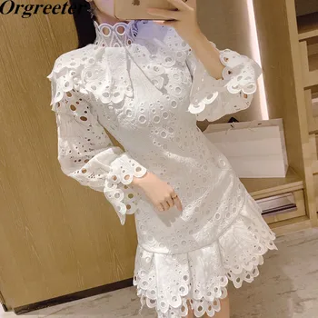 

2020 Spring Runway Design Stand collar Bubble sleeve Irregular White Temperament Lace Dress Embroidery Hollow Short Dress Women