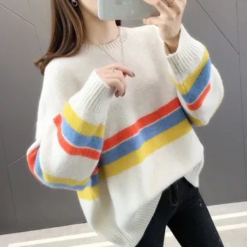 

Fashion Women Sweaters Soft Autumn O-Neck Chic Daily Tops Striped Pullovers Sweet Student Striped Harajuku Knitted Loose Outwear