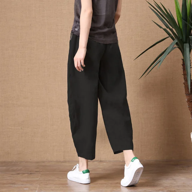 ShiMai Women's Cotton Linen Pants Elastic Waist Vintage Trousers Lady Loose Casual Pants S-5XL Retro Literary Cotton Trousers Black