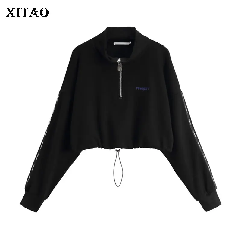 

XITAO Slim Black Sweatshirt Women Clothes Korea Fashion Pullover Print Letter 2019 Autumn Elegant Small Fresh Crop Top WQR1546