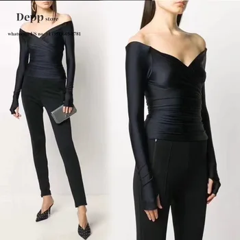 

luxury designer blouse women tops Irregular Design Sexy Pleating Deep V-neck Slim Fit bodycon Long Sleeves black Top blusas S-L