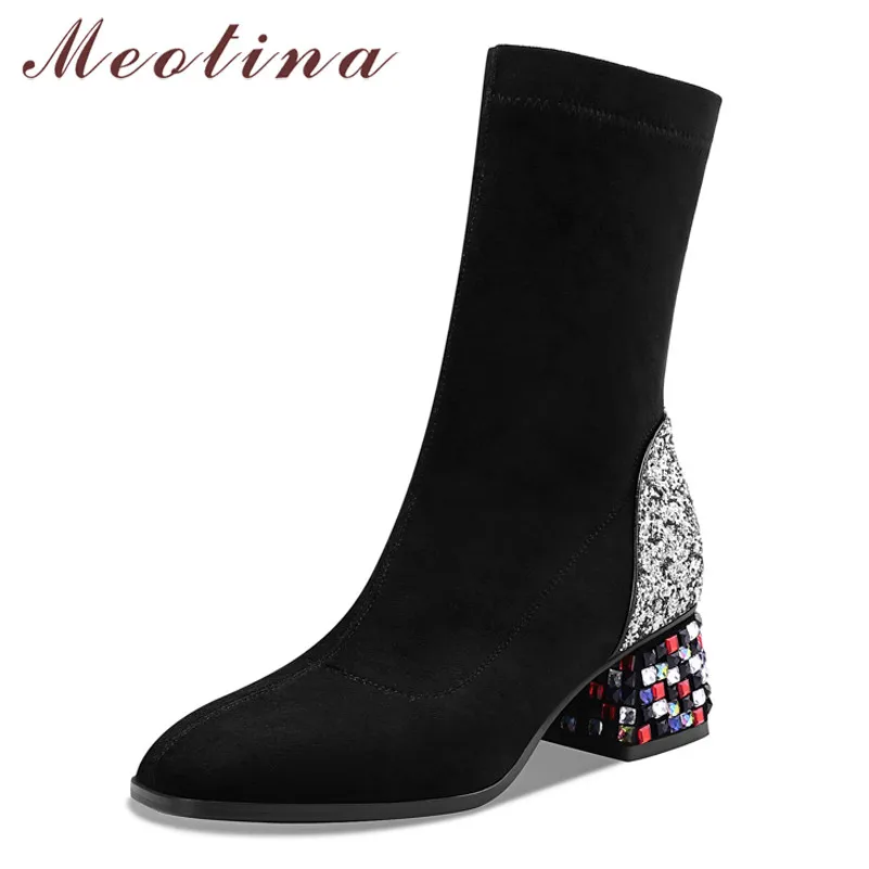 

Meotina Autumn Ankle Boots Women Rhinestone Thick High Heel Short Boots Bling Stretch Square Toe Shoes Lady Winter Plus Size 43
