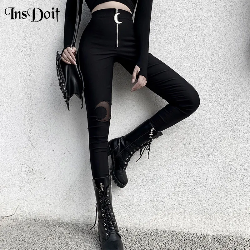 InsDoit Women Gothic Black Bodycon Pants Punk Moon Shape Hollow Out Streetwear Harajuku Pendant Zipper | Женская одежда
