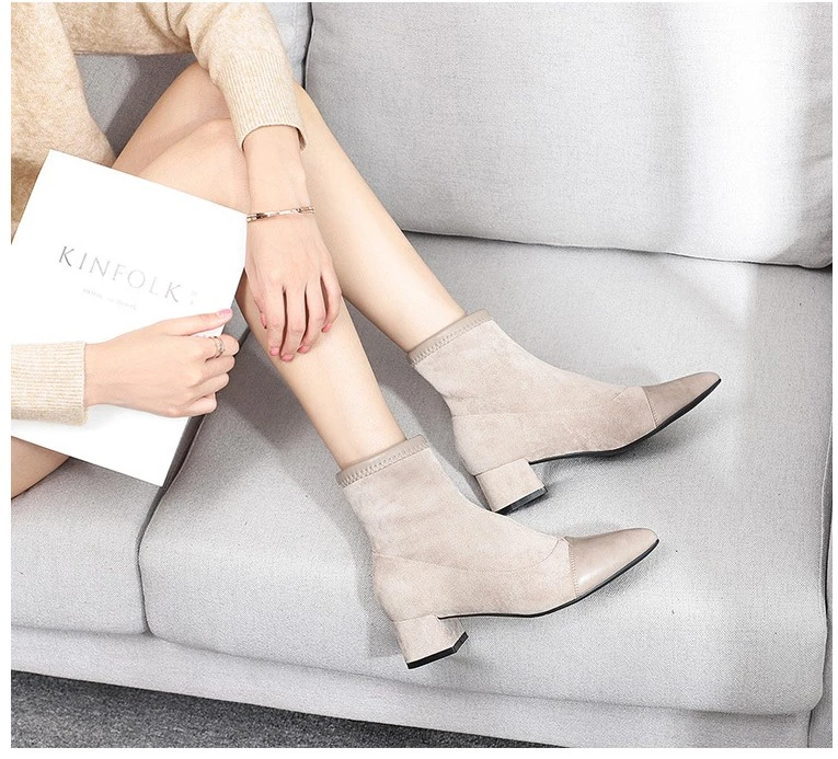 JIANBUDAN Romantic women's high heel autumn boots High quality suede ankle boots Short plush winter Office Stretch boots 34-40