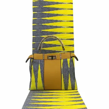 

Fashion Yellow Style High Quality African Wax Handbag Set With Real 100% Cotton Wax Print Fabric 6 Yards for Diy Dress YG0010