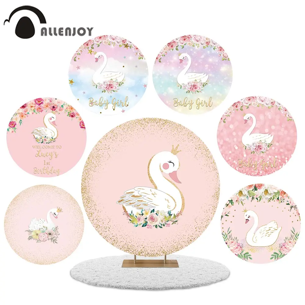 Allenjoy Girl Swan Birthday Party Sfondo Rotondo Pink Princess Baby Shower Circle Decor Personalizza Banner Elastico Di Sfondo