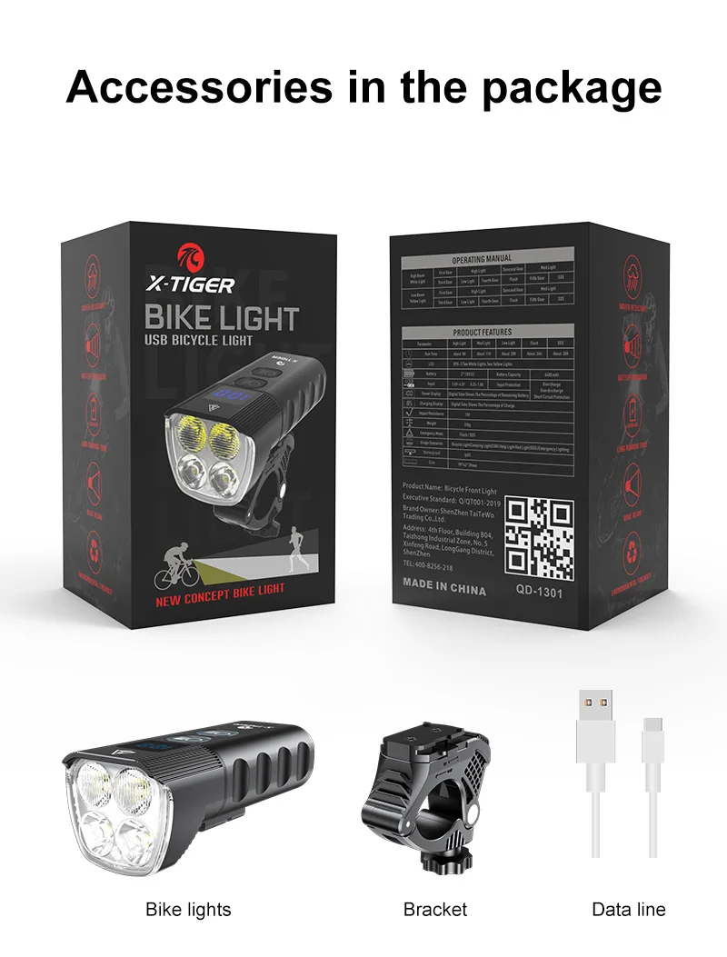 X-Tiger QD-1301 Cyklistická svítilna odolná proti dešti USB dobíjecí LED 2400 lumenů - Image 6