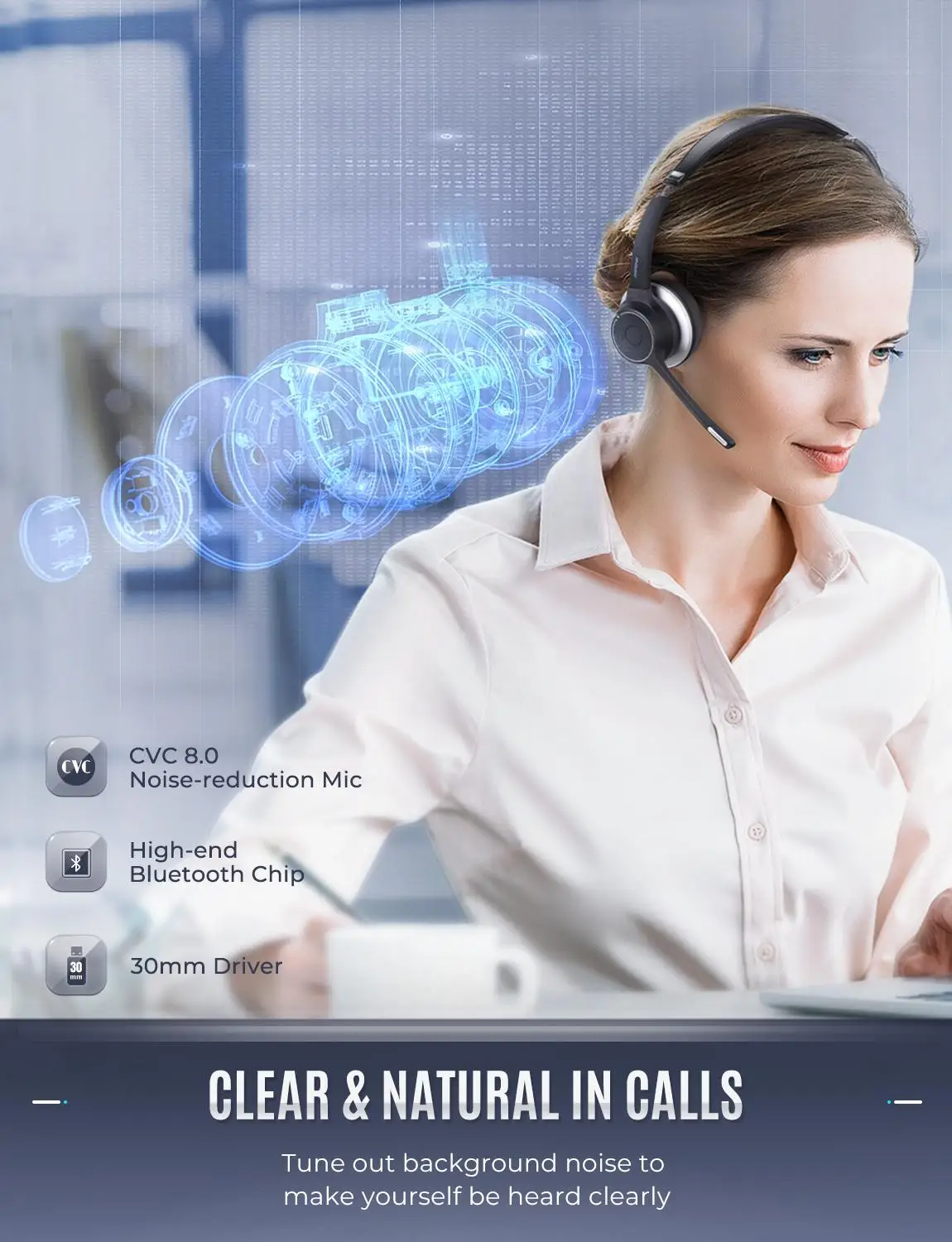 Mpow HC5 Wireless Bluetooth Headsets with CVC 8.0 Noise Cancelling&22H Battery Life Clear Calls Headsets for Call Center Office